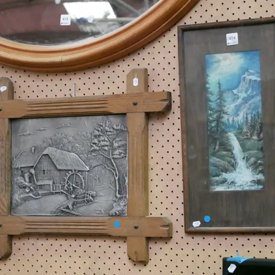 framed pastel -mountain & waterfall, wood framed plastic 3d art, blue dots