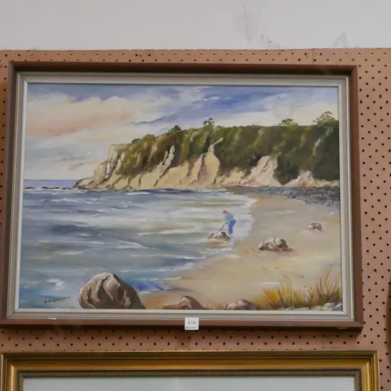 framed oil - coastal scene