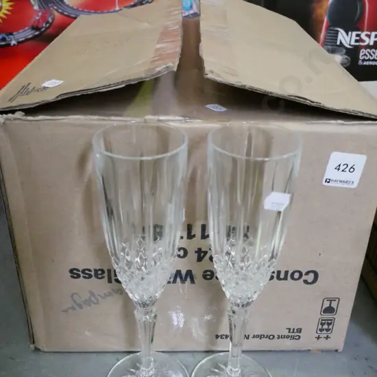 box of 24 glass champagne flutes