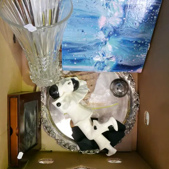 box; harlequin figurine, plated tray, glass vase etc