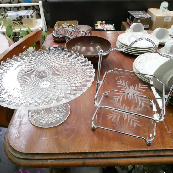 large glass cake comport, chrome cut glass cake stand