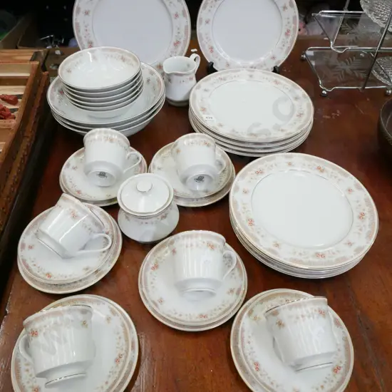 Japanese floral and white gold dinner items; plates, bowls, cups etc