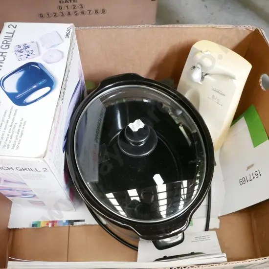 box; slow cooker, sandwich grill, Sunbeam electric can operner 