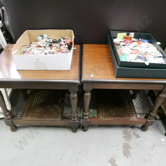 pair of mdf mahogany veneer and rattan end tables