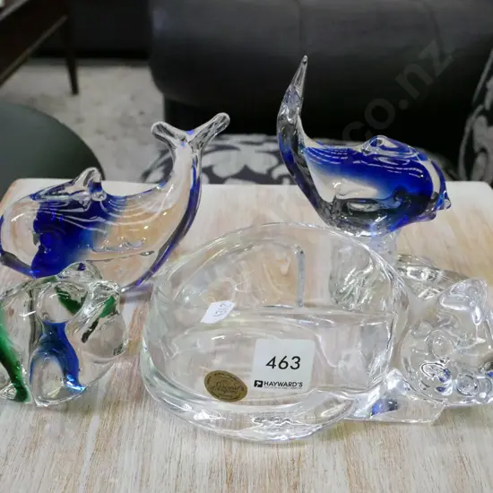 crystal cat bowl, 2x art glass dolphins, 1x frog