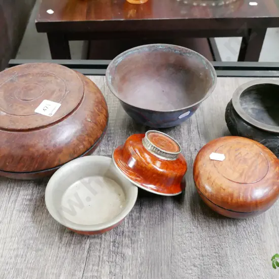 cloisonne bowl, brass bowl, wooden lidded storage canisters etc