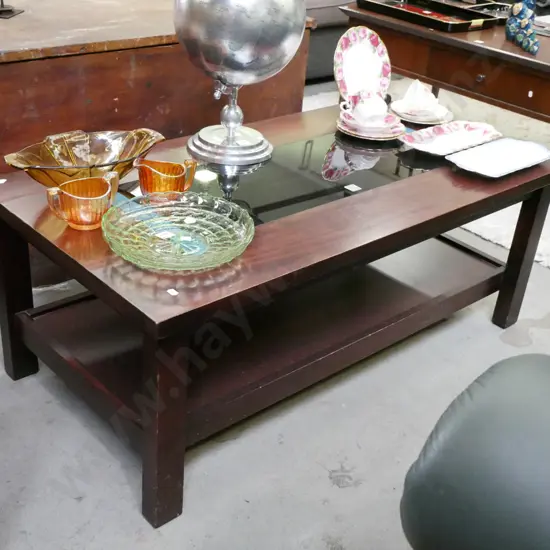 wood and smoked glass 2 tier coffee table H-420 W-1110 D-570