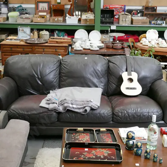 brown leather 3 seater rolled arm setttee - some wear and discolouration to leather