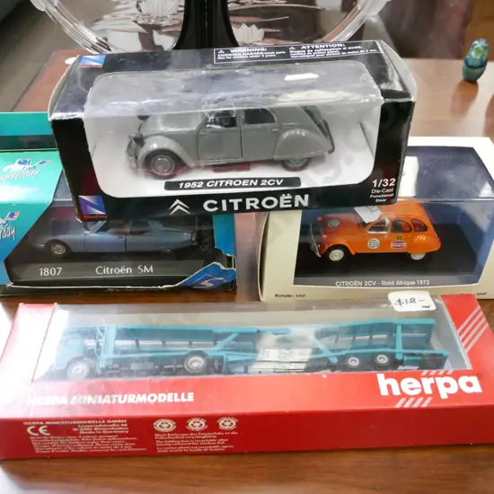 3x boxed model Citroen vehicles, car transporter