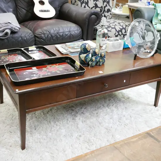 solid wood dark stained coffee table with single drawer H-460 W-1300 D-700