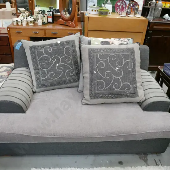 modern grey upholstered rolled arm 2 seater settee with matching cushions H-760 W-1570 D-1100