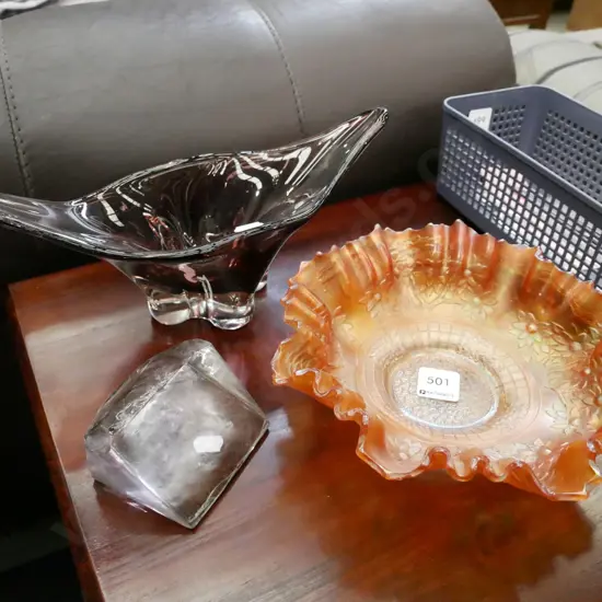 carnival glass bowl, glass paperweight, art glass bowl