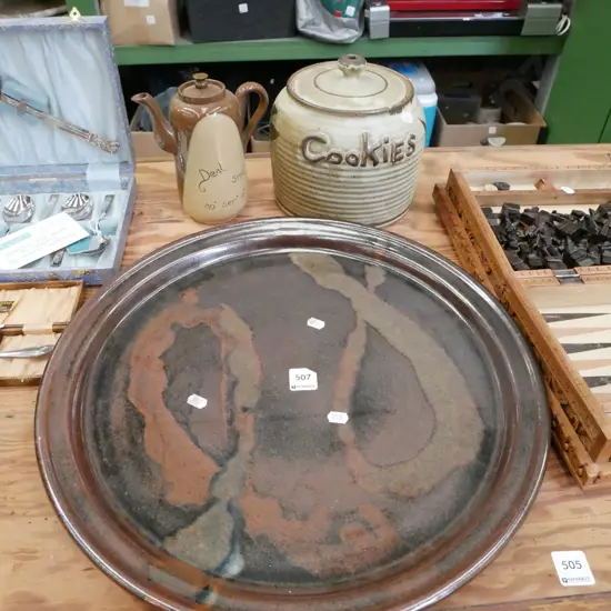 studio pottery cookie jar, coffee pot, large serving platter Diam-440