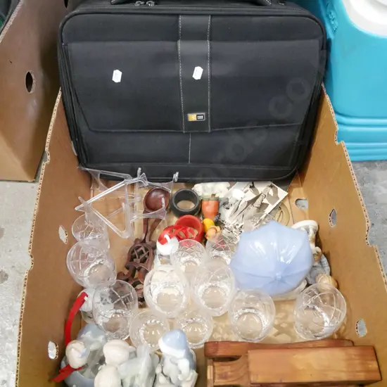box; laptop bag, cut crystal tumblers etc
