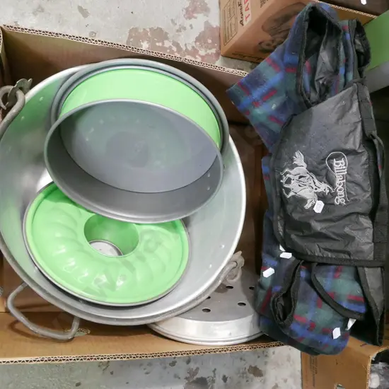 box; travel rug, jam pan, cake tin etc