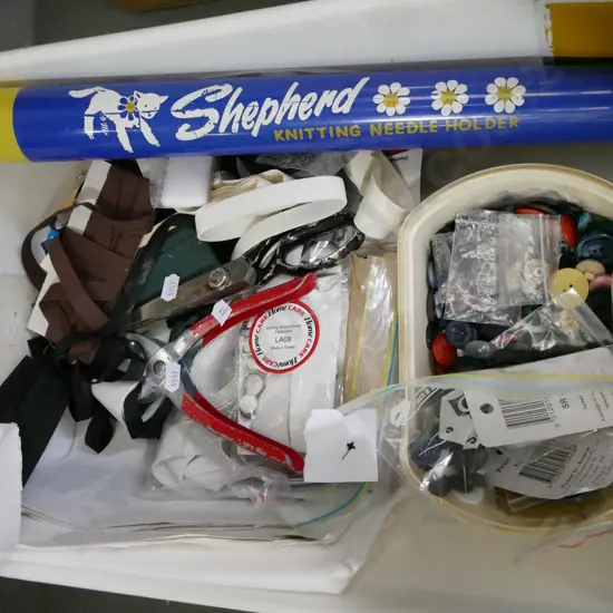 box; knitting needles, buttons etc