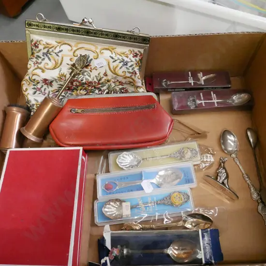 box; crumb brushes, purses, souvenir teaspoons etc