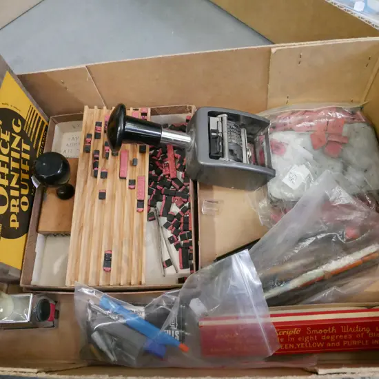 box; stamps, letters, calligraphy pens etc