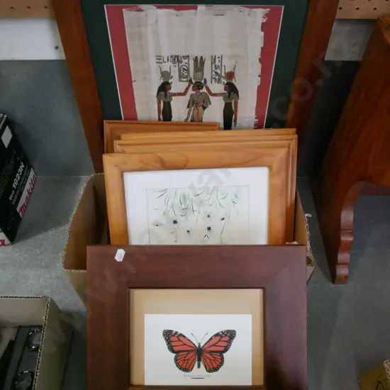 box; framed prints, Egyptian painting on papyrus