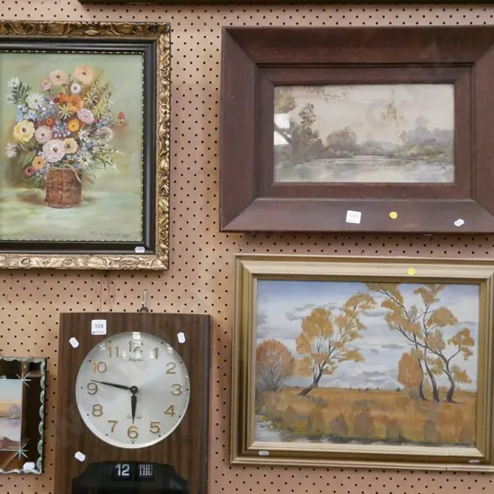 2 framed oils on board and a framed watercolour - landscapes and still life - yellow dots