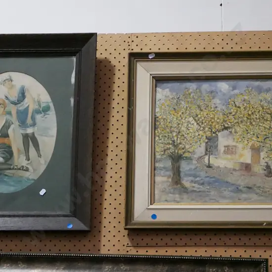 framed oil on board - trees and leaves, framed 1930s glamour print