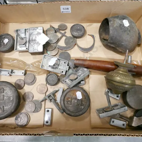 box; cow bell, barrel spiggot, weights etc