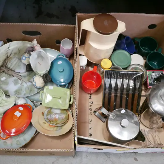 2x boxes; coffee perc, cutlery, cabinet plates, vases etc - yellow dots