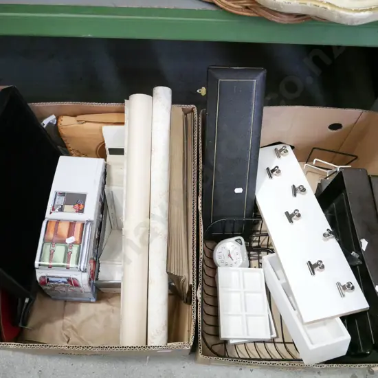 2x boxes; Bakelite stationery trays, alarm clocks, part wallpaper rolls etc - blue dots
