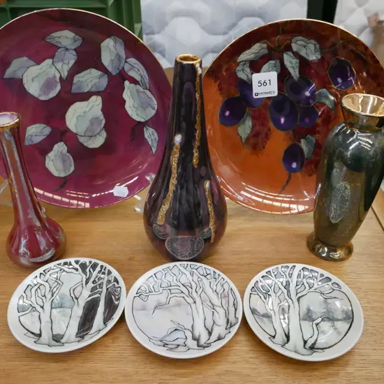lustre plates, vases, 3x hand painted pin dishes