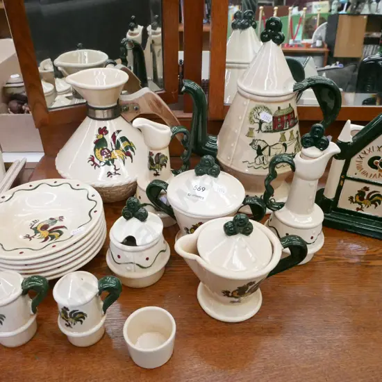 assorted hand painted Californian ceramic items; wall pocket vase, coffee pot, jugs etc