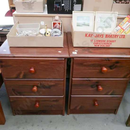 pair of mdf faux wood veneer 3 drawer bedside cabinets
