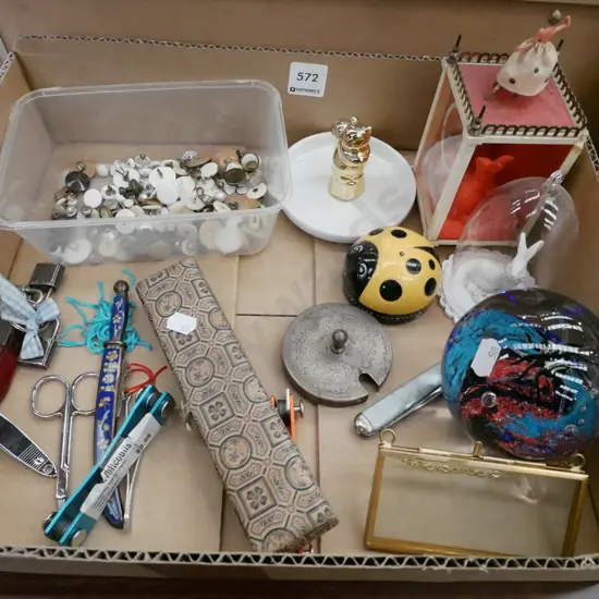 box; glass paperweights, buttons, ring dish etc
