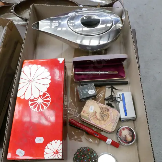 box; designer tea pot, pens, lacquer storage box etc