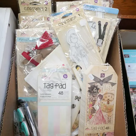box; crafter's tag pads, various cling stamps