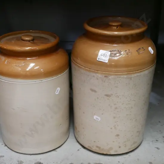 2x wide mouth storage crocks with lids Tallest H-330