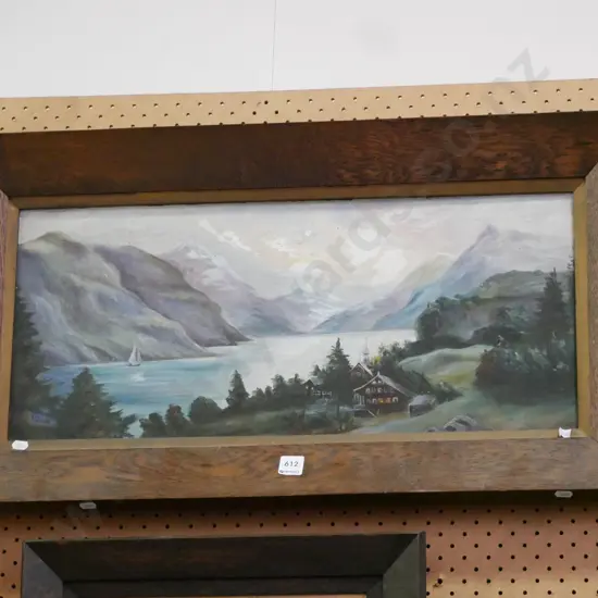 framed oil on board - village, lake and mountain scene