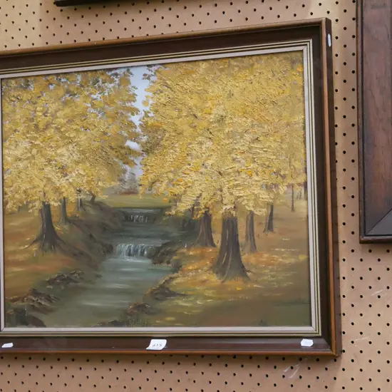framed oil - trees and stream