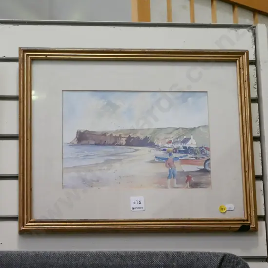 small framed watercolour - fishing village