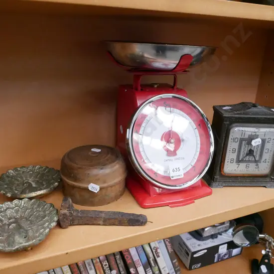 shelf; vintage alarm clock, kitchen scales, cast metal dishes etc