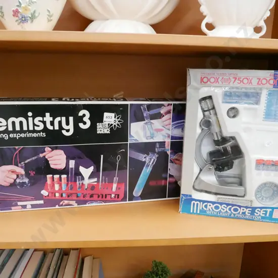 chemistry kit, boxed micrscope
