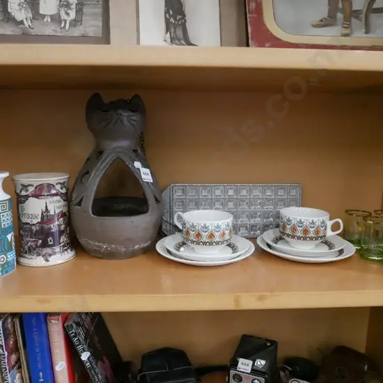 shelf; Portmeirion canisters, retro trios, cat themed bird feeder etc