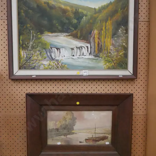 framed watercolour - canal boat - foxing, framed oil -waterfalls - yellow dots