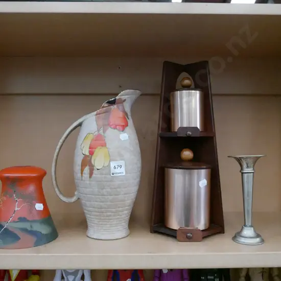 shelf; water jug, light shade, retro canisters on stand, plated vase