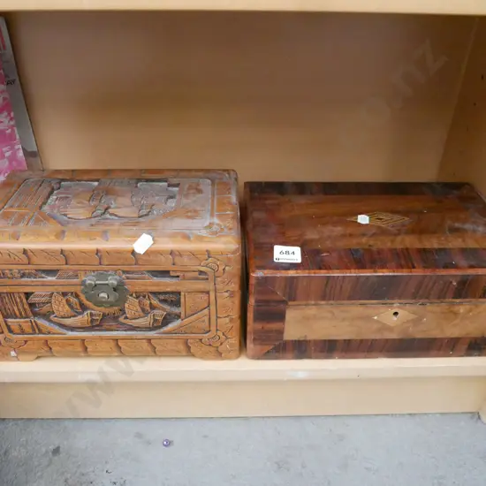 small carved camphorwood chest, restorer's sewing box