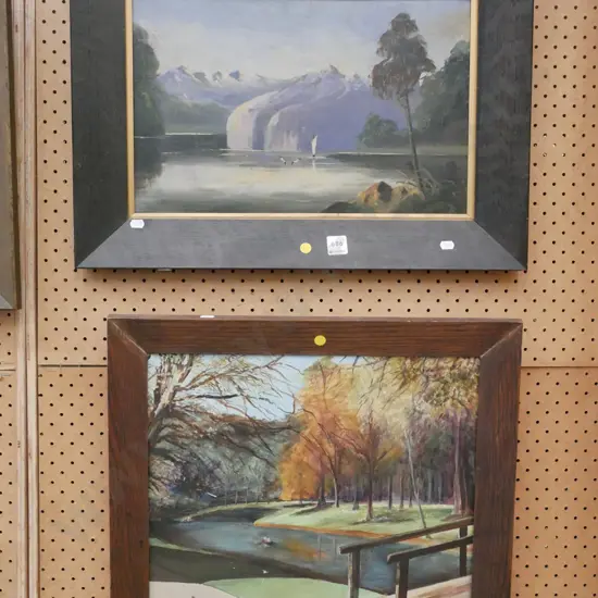 2x oil on boards - lake and mountain scene, river scene -some scratches and staining - yellow dots