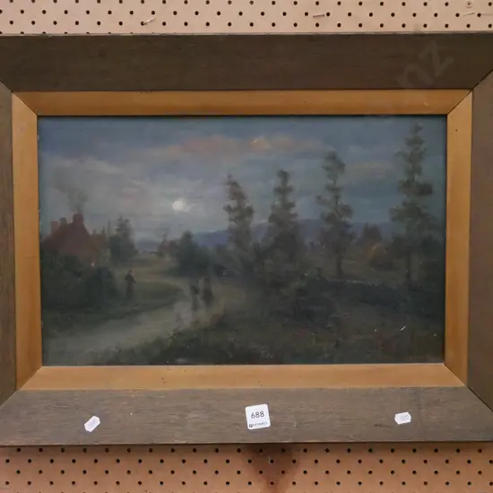 framed oil on board - village night scene