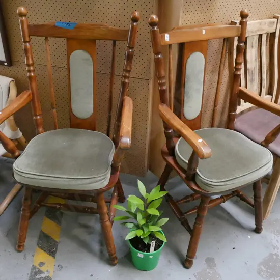 2x pine and green upholstered wooden armchairs