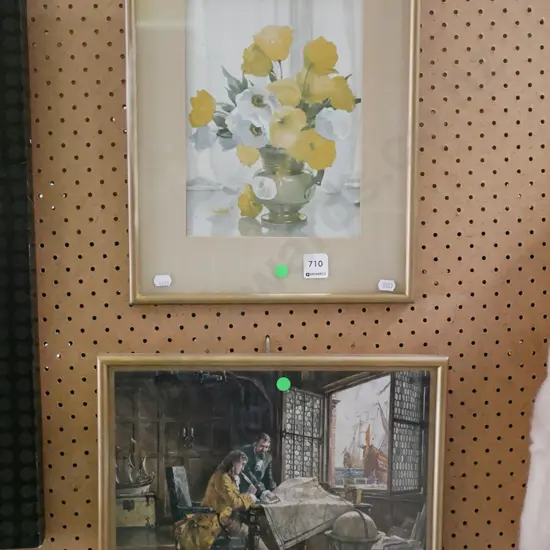 2x framed prints - flowers, men reading navigational charts - green dots