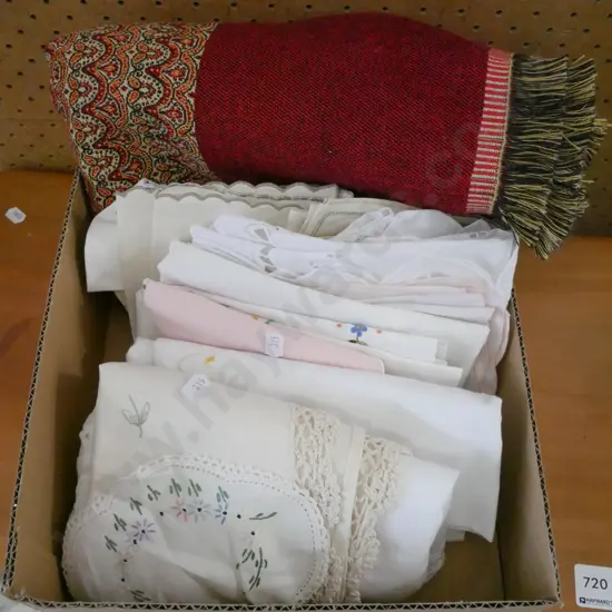 box; hand worked linen, table cloth
