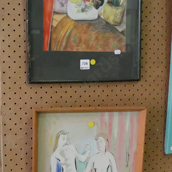 framed mixed media -flowers, framed  watercolour - naked ladies - significant foxing -yellow dots